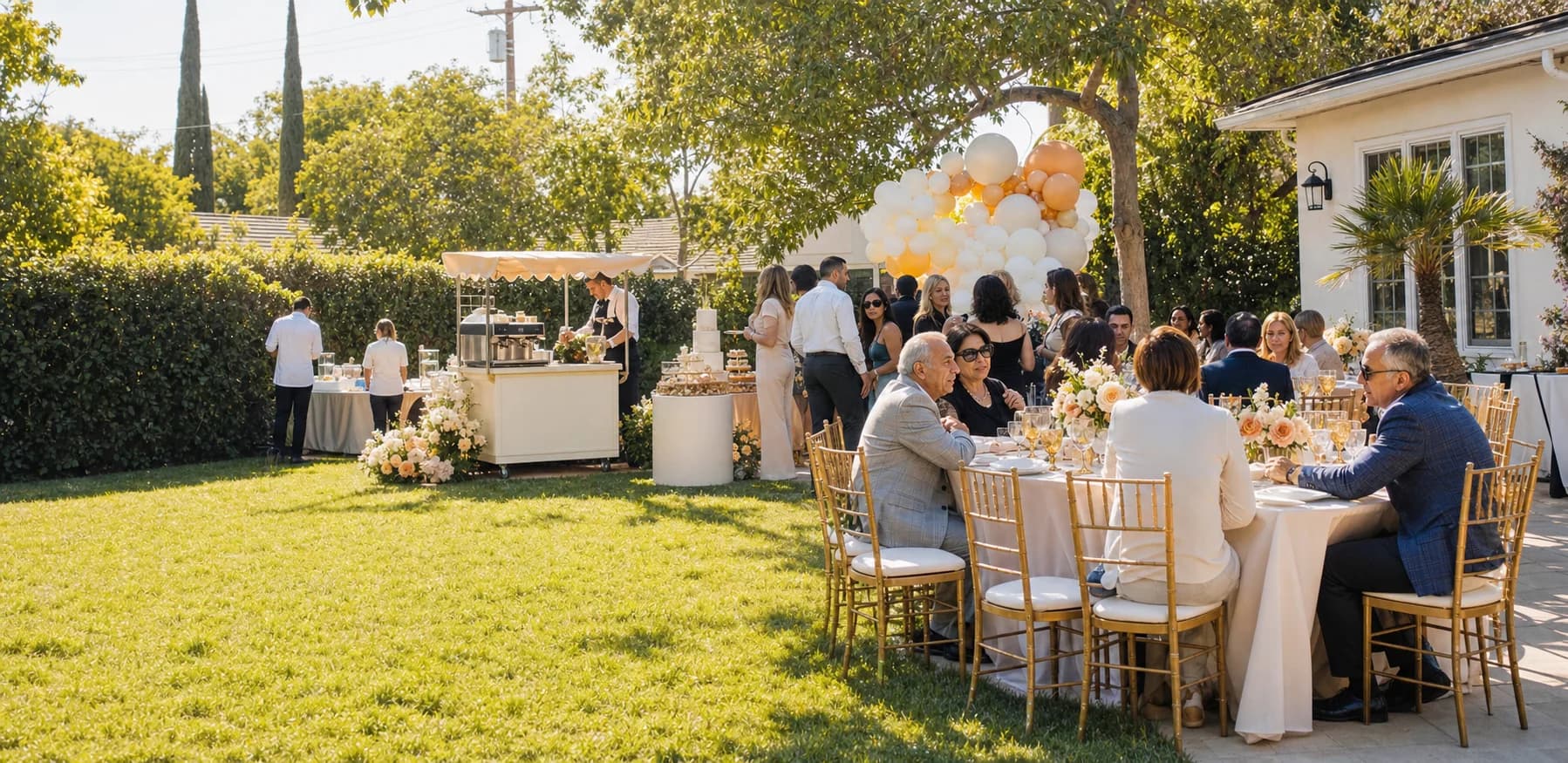 Daytime Los Angeles backyard celebration with guests, event tables, balloons, cake, flowers, and a coffee cart.