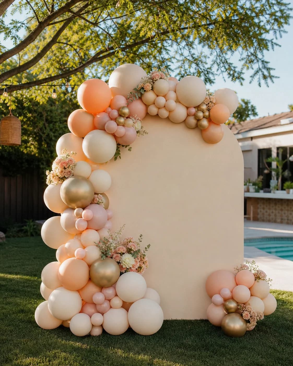 Cream, peach, and gold balloon backdrop at a backyard celebration.