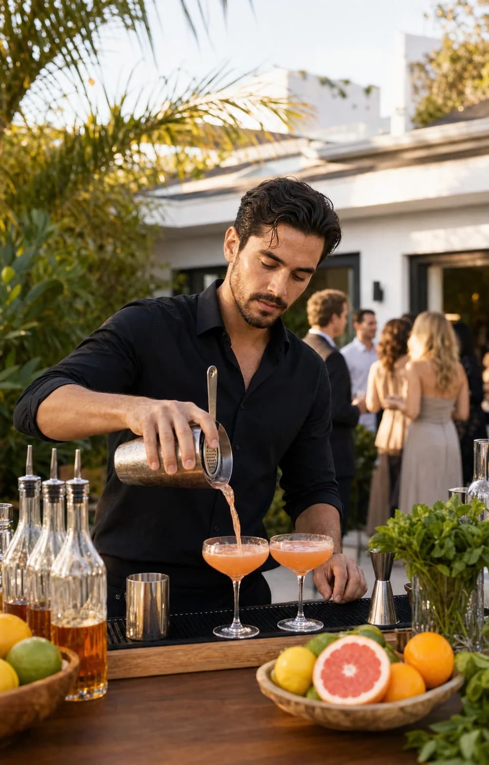 Professional bartender preparing drinks at an outdoor event bar.