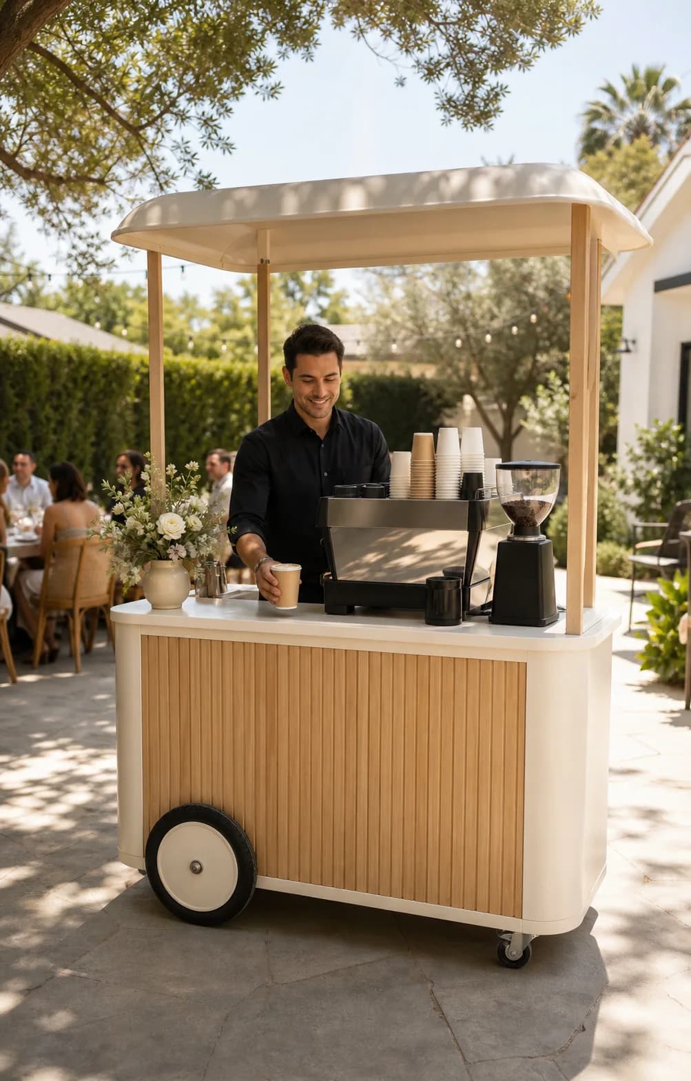 Unbranded outdoor coffee cart serving party guests.
