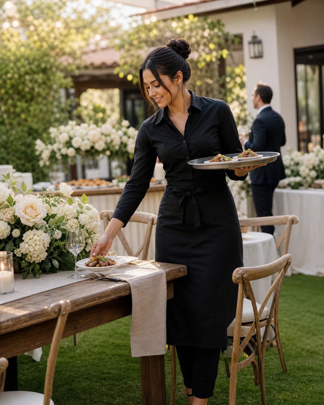 Professional waitstaff serving guests at a backyard party.