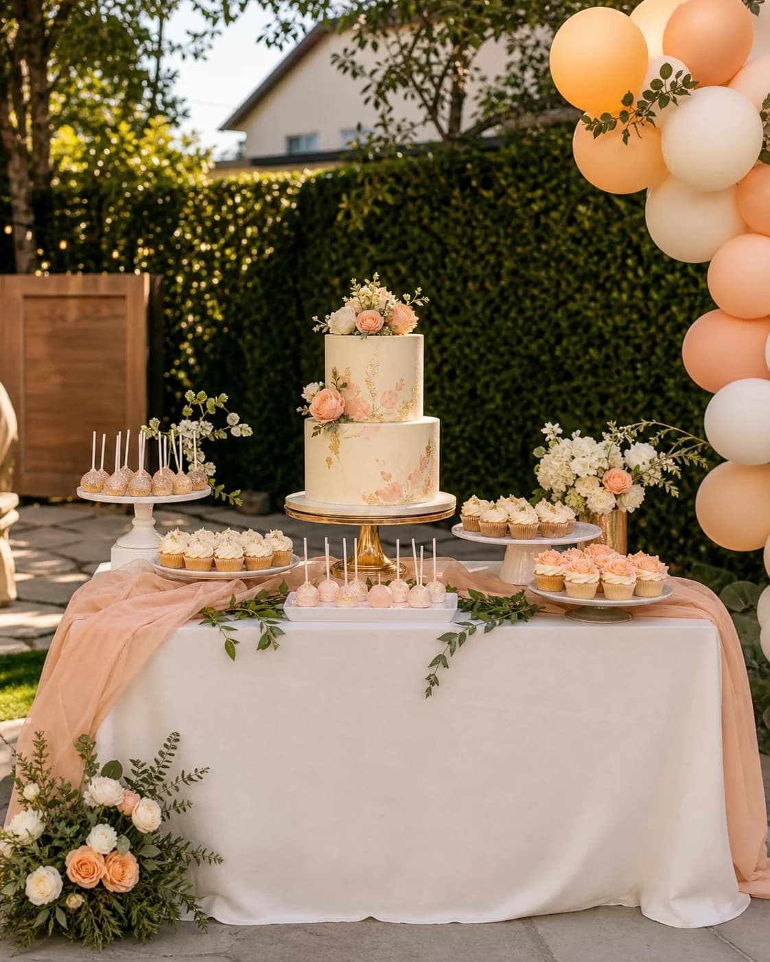 Elegant cake and dessert table with flowers and balloons.